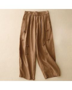 Buddha Stones Casual Plain Frog-Button Design 7-8 Length Cotton Linen Women's Harem Pants With Pockets - Wheat / US8-10，UK/AU12-14，EU40-42 (2XL)