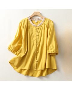 Buddha Stones Casual Plain Frog-Button Women's Ruffle Collar Design Half Sleeve Cotton Linen Shirt - Gold / US4，UK/AU8，EU36 (L)