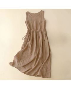 Buddha Stones Casual Plain Handmade Drawstring Waist Midi Dress Sleeveless Dress With Pockets - BurlyWood / US8-10，UK/AU12-14，EU40-42 (2XL)