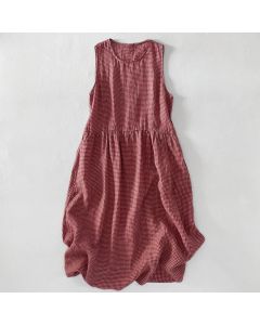 Buddha Stones Casual Plain Handmade Plaid Midi Dress Cotton Sleeveless Dress With Pockets - YellowGreen / US16，UK/AU20，EU48 (3XL)