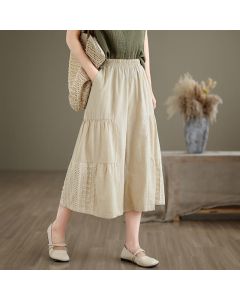 Buddha Stones Casual Plain Lace Splicing Cotton Women's Cropped Wide Leg Pants With Pockets - Beige / US8-10，UK/AU12-14，EU40-42 (2XL)
