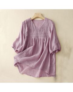 Buddha Stones Casual Plain Loose Women's V-Neck Design Half Sleeve Shirt - PaleVioletRed / US12，UK/AU16，EU44 (2XL)