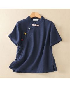 Buddha Stones Casual Plain Slant Stand Collar Collar Colorful Frog-Button Tang Suit Women's Cotton Linen Three Quarter Sleeve Shirt - LightSkyBlue / US8-10，UK/AU12-14，EU40-42 (2XL)