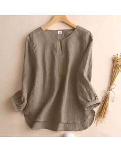 Buddha Stones Casual Plain Women's Hollow Crew Neck Design Three Quarter Sleeve Shirt - Linen / US8-10，UK/AU12-14，EU40-42 (2XL)