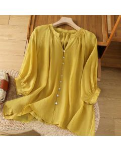 Buddha Stones Casual Plain Women's Single Row Multi-Button V-Neck Design Three Quarter Sleeve Cotton Linen Shirt - Gold / US6，UK/AU10，EU38 (L)