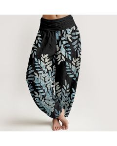 Buddha Stones Cotton Casual Plant Interlaced Leaves Pattern Women's Elastic Waist Harem Pants - DarkCyan / US2，UK/AU6，EU34 (XS)