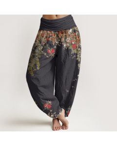 Buddha Stones Cotton Casual Red Peony Flower Vine Design Women's Elastic Waist Harem Pants - Plum / US22，UK/AU26，EU54 (6XL)