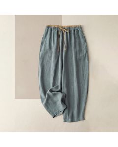 Buddha Stones Casual Solid Color Cotton Linen Drawstring Women's Pants With Pockets - LightGreen / US16，UK/AU20，EU48 (3XL)