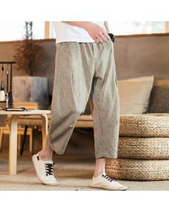Buddha Stones Casual Solid Color Drawstring Men's Elastic Waistband Cotton Linen Pants With Pockets - Beige / US/UK/AU46，EU56 (5XL)