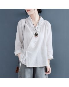 Buddha Stones Casual Solid Color Frog Button Long Sleeve Zen Cotton Linen Women's Shirt - LightSkyBlue / US8-10，UK/AU12-14，EU40-42 (2XL)