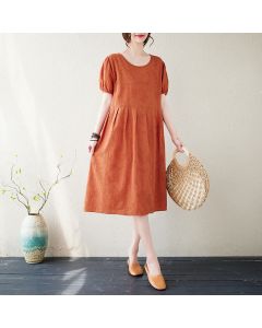 Buddha Stones Casual Solid Color Jacquard Crew Neck Short Puff Sleeve Cotton Linen Midi Dress - OrangeRed / US4，UK/AU8，EU36 (L)