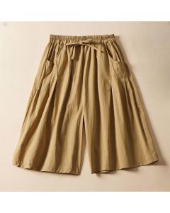 Buddha Stones Casual Solid Color Wrinkle Design Drawstring Cotton Women's Shorts With Pockets - Goldenrod / US4，UK/AU8，EU36 (L)