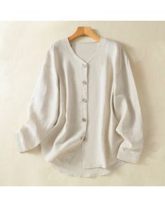 Buddha Stones Spring Plain Buttons Design V-Neck Long Sleeve Women's Shirt - White / US14，UK/AU18，EU46 (2XL)