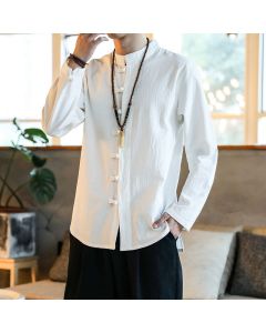 Buddha Stones Casual Stand Collar Frog-Button Long Sleeve Tang Suit Men's Shirt - DarkSeaGreen / US/UK/AU46，EU56 (5XL)