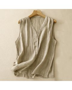 Buddha Stones Casual Summer Pure Color Pleated Design Sleeveless Women's Cotton Linen V-Neck Vest Cardigan - Khaki / US4，UK/AU8，EU36 (L)