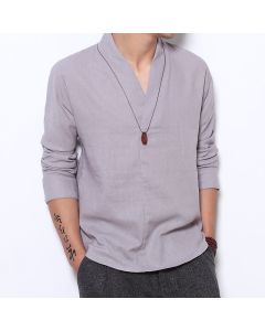 Buddha Stones Casual V-Neck Long Sleeve Shirt Men Clothing - SteelBlue / US/UK/AU44，EU54 (5XL)