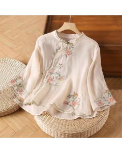 Buddha Stones Casual Vintage Embroidery Flower Pattern Chinese Frog-Button Crew Neck Design Women's Cotton Linen Shirt - LightPink / US12,UK/AU16,EU44 (3XL)