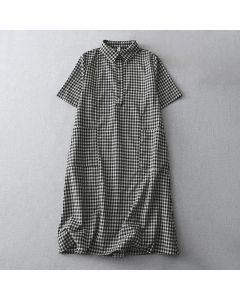Buddha Stones Casual Vintage Plaid Pattern Lapel Short Sleeve Midi Dress With Pockets - Crimson / US8-10，UK/AU12-14，EU40-42 (2XL)