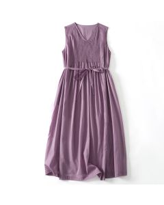 Buddha Stones Solid Color Accordion Design Sleeveless Cotton Midi Dress With Pockets - MediumOrchid / US4，UK/AU8，EU36 (L)