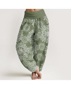 Buddha Stones Cotton Casual White Mandala Flower Design Women's Elastic Waist Harem Pants - DarkSeaGreen / US2，UK/AU6，EU34 (XS)