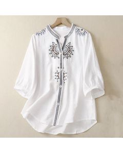 Buddha Stones Casual Women's Bohemia Embroidery Flowers V-Neck Design Half Sleeve Shirt - CornflowerBlue / US8-10，UK/AU12-14，EU40-42 (2XL)