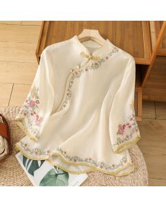 Buddha Stones Casual Women's Embroidered Flower Stand Collar Design Three Quarter Sleeve Cotton Linen Shirt - OldLace / US4，UK/AU8，EU36 (L)