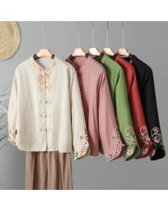 Buddha Stones Casual Women's Embroidery Long Sleeve Stand Collar Cotton Shirt - Beige / US6，UK/AU10，EU38 (M)
