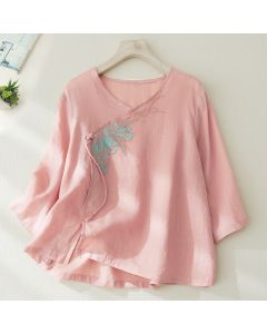 Buddha Stones Casual Women's Embroidery Plants Design Three Quarter Sleeve Shirt - LightSeaGreen / US8-10，UK/AU12-14，EU40-42 (2XL)