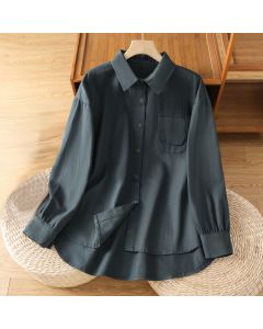 Buddha Stones Casual Women's Long Sleeve Stand Collar Cotton Shirt With Pockets - DarkSlateGray / US6，UK/AU10，EU38 (M)