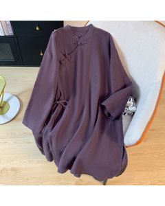 Buddha Stones Casual Women's Plain Frog-Button Stand Collar Design Long Sleeve Shirt - Beige / US8-10，UK/AU12-14，EU40-42 (2XL)