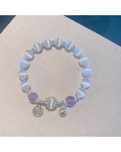 Buddha Stones Cat's Eye Amethyst Fu Character Bell Charm Support Bracelet - Cat's Eye&Amethyst