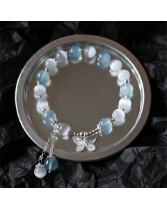 Buddha Stones Cat's Eye Aquamarine Butterfly Charm Support Bracelet - Aquamarine(Wrist Circumference 14-16cm)