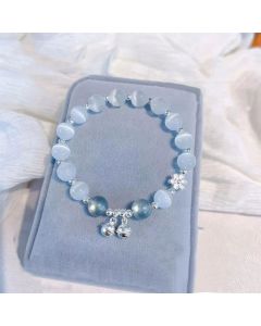Buddha Stones Cat's Eye Crystal Peach Blossom Bell Fu Character Charm Support Bracelet - Cat's Eye&Blue Crystal(Wrist Circumference 14-16cm)