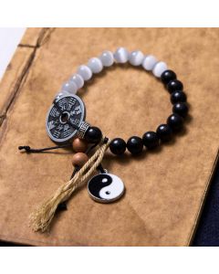 Buddha Stones Cat's Eye Ebony Wood Yin Yang Bagua Coin Support Rope Bracelet - Cat's Eye Ebony Wood(Wrist Circumference 14-16cm)