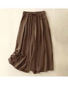 Buddha Stones Causal Ethnic Simple Drawstring Design Women's Wide Leg Cropped Pants With Pockets - Chocolate / US8-10，UK/AU12-14，EU40-42 (2XL)