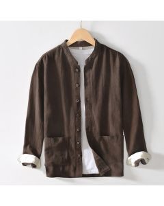 Buddha Stones Solid Color Men's Buttons Long Sleeve Cotton Linen Shirt With Pockets - YellowGreen / US/UK/AU42,EU52 (3XL)