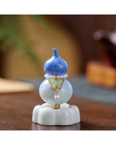 Buddha Stones Ceramic Butterfly Gourd Rotating Mindful Living Decor - Gourd Dark Blue+Light Green Butterfly+Blue Base