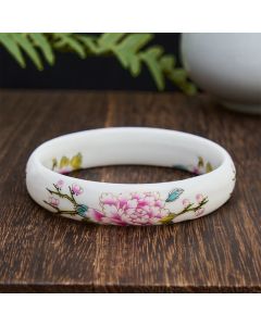 Buddha Stones Ceramic Elegant Peony Purity Hand-Painted Bracelet Bangle - Wide