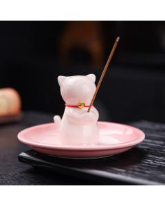 Buddha Stones Ceramic Kawaii Cat Incense Burner with Ash Catching Tray Without Incense - Green - Without Incense
