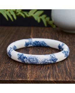 Buddha Stones Ceramic Purity Blue Peony Floral Bracelet Bangle - Round