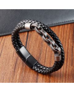 Buddha Stones Chain Design Titanium Steel Balance Leather Braided Buckle Bracelet - Single Layer(Wrist Circumference 17-19cm)