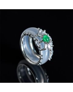 Buddha Stones Chalcedony Flower Green Zircon Positive Ring - Chalcedony(US 8)