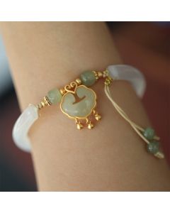 Buddha Stones Chalcedony Hetian Jade 925 Sterling Silver Auspicious Cloud Ruyi Lock Harmony Cuff Half Bracelet Bangle - Chalcedony Hetian Jade 925 Silver(Adjustable)