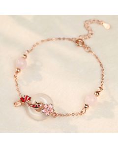 Buddha Stones Chalcedony Pink Crystal 925 Sterling Silver Flowers Koi Fish Peace Buckle Positive Bracelet - Chalcedony 925 Sterling Silver(Wrist Circumference: 14-18cm)