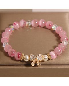 Buddha Stones Cherry Blossom Pink Cat's Eye Pearl Bow-knot Rosette Support Bracelet - Cat's Eye(Wrist Circumference 14-16cm)