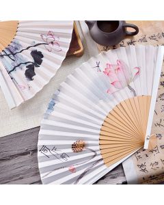 Buddha Stones Chinese Characters Ink Painting Lotus Flower Leaf Landscape Handheld Huayao Crepe Polyester Bamboo Folding Fan 23.3cm - Bamboo 23.3cm