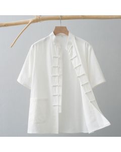 Buddha Stones Chinese Frog-Button Tang Suit Men's Short Sleeve Shirt Cotton Linen Clothing With Pockets - White / US/UK/AU34，EU44 (M)