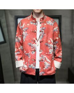 Buddha Stones Chinese New Year Clothes Flowers Fan Birds Frog-button Tang Suit Cotton Men's Jacket Shirt With Pockets - OrangeRed / US/UK/AU36，EU46 (L)