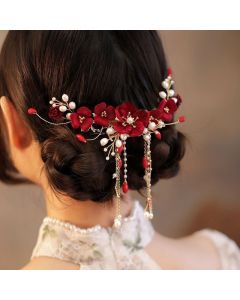 Buddha Stones Chinese Oriental Wedding Bridal Red Rose Hair Clip - Red Rose Hair Clip