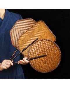 Buddha Stones Chinese Style Handmade Bamboo Woven Round Oval Banana Shape Long Handle Fan - Bamboo Woven Octagonal Fan 25*42cm